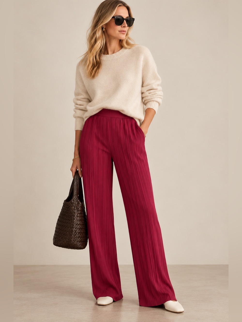 Max Mara Leisure Alfonsa Plissé Crepe Wide Leg Pants Wine XS